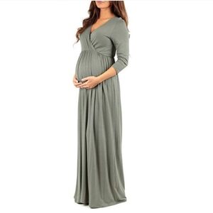 Mother Bee Maternity Maxi Dress Size Small Sage green Long Sleeve Surplice